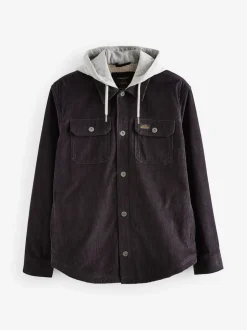 Noir - À capuche Velours côtelé Borg Veste-chemise doublée