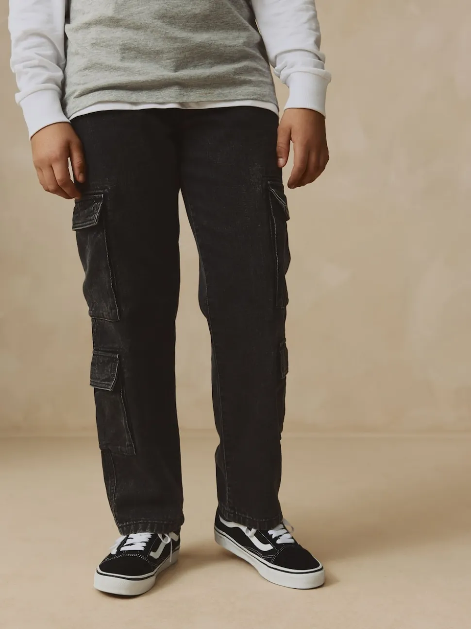 Noir - 100% Coton Denim Multipocket Cargos Jeans (3-16ans)