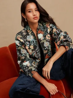 Noir - Blouson bomber en jacquard fleuri