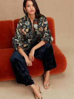 Noir - Blouson bomber en jacquard fleuri