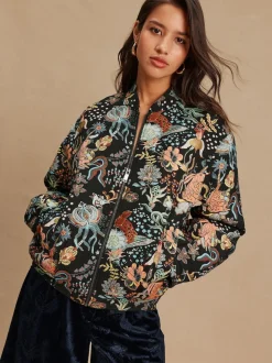 Noir - Blouson bomber en jacquard fleuri
