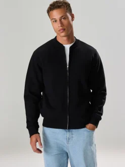 Noir - Blouson bomber en jersey zippé en coton riche