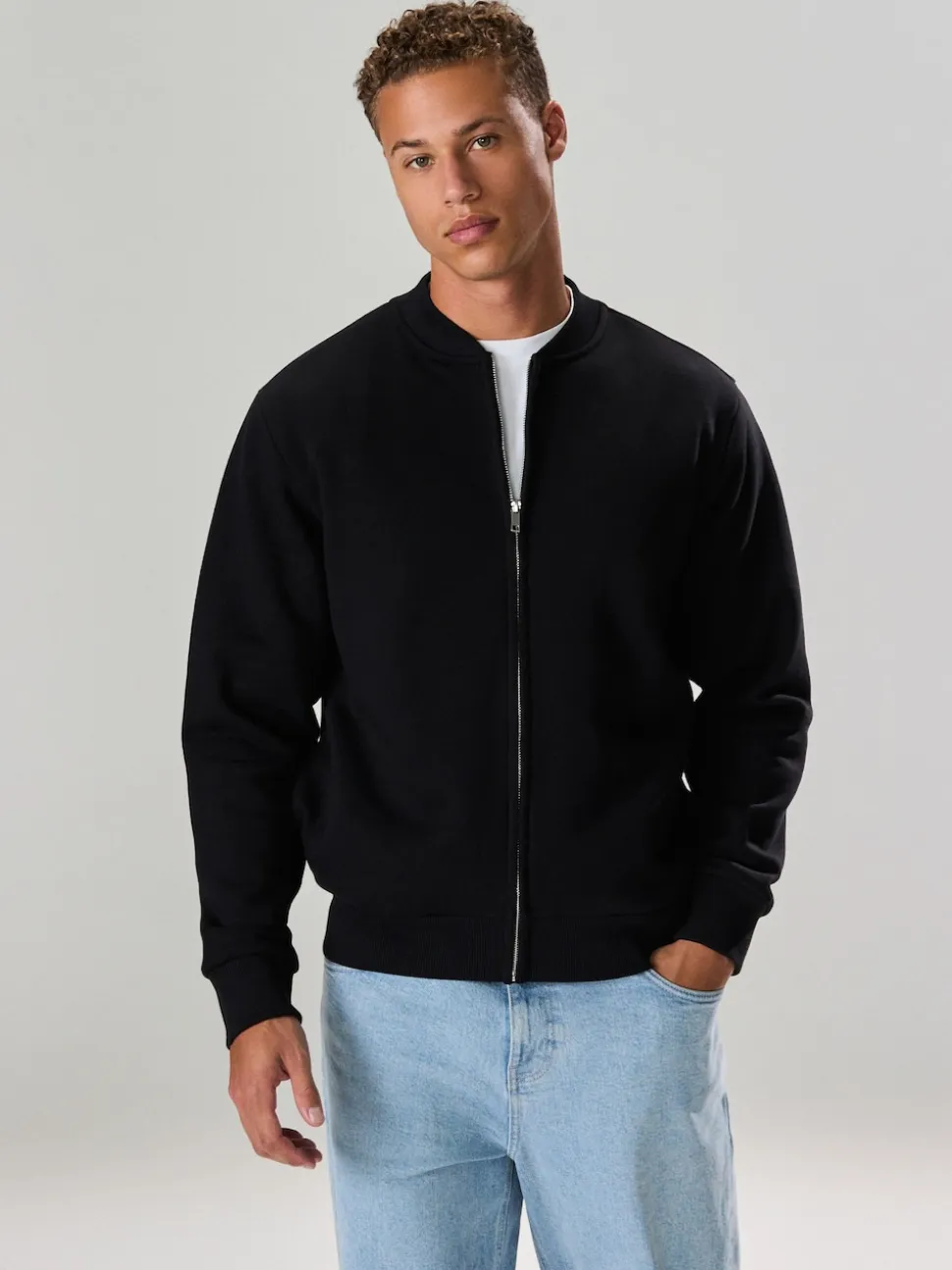 Noir - Blouson bomber en jersey zippé en coton riche