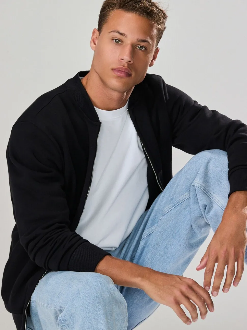 Noir - Blouson bomber en jersey zippé en coton riche