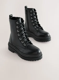 Noir - Bottines en cuir à semelle épaisse et lacets