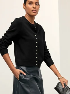 Noir - Cardigan ajusté ultra-doux à col rond en laine