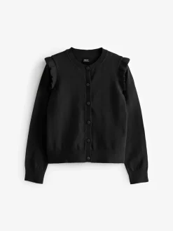 Noir - Cardigan d'école à épaules volantées en coton riche (3-16ans)