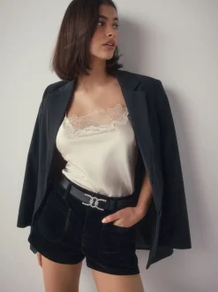 Noir - Ceinture en Cuir classique à boucle Diamante Statement