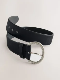 Noir - Ceinture en satin avec boucle en diamant