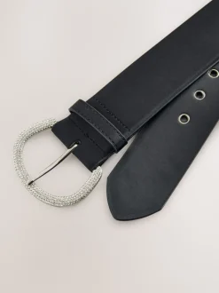 Noir - Ceinture en satin avec boucle en diamant