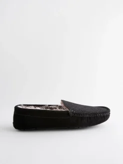 Noir - Chaussons mocassins en daim doublés de fausse fourrure