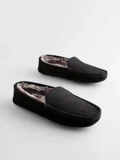 Noir - Chaussons mocassins en daim doublés de fausse fourrure