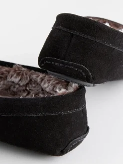 Noir - Chaussons mocassins en daim doublés de fausse fourrure