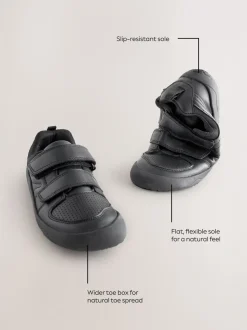 Noir - Chaussures d’école Barefoot en cuir à 2 lanières à fermeture par contact