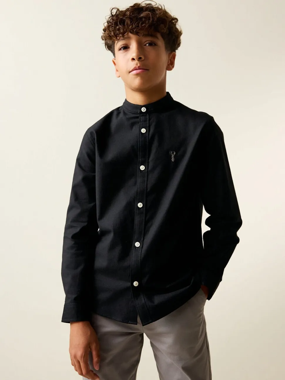 Noir - Chemise Oxford à manches longues et Col mao (3-16ans)