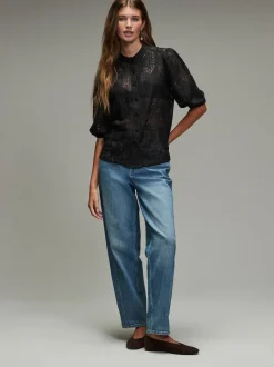 Noir - Chemisier à manches mi-longues en dentelle