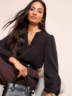 Noir - Chemisier Friends Like These plissé à manches longues sur le devant