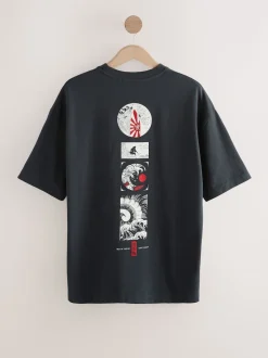 Noir - Coupe ample - T-shirt imprimé graphique surf japonais