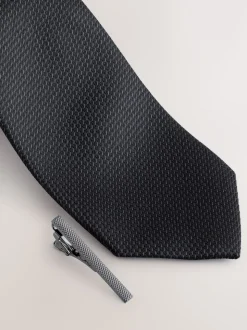 Noir - Cravate texturée avec pince à cravate