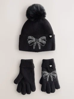 Noir - Ensemble bonnet et gants Baker by Ted Baker pour filles en maille à nœud et diamants