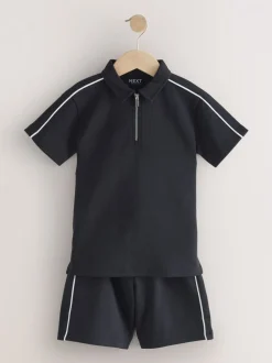 Noir - Ensemble polo et short à col zippé (3-16 ans)