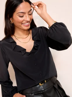 Noir - Friends Like These chemisier à volants boutonné sur le devant à manches longues