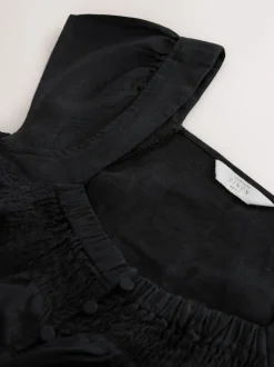 Noir - Haut boutonné à manches évasées avec lin