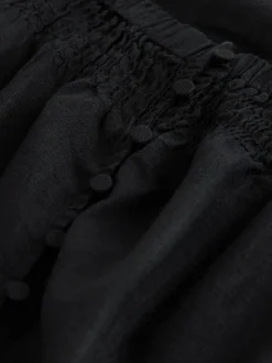 Noir - Haut boutonné à manches évasées avec lin