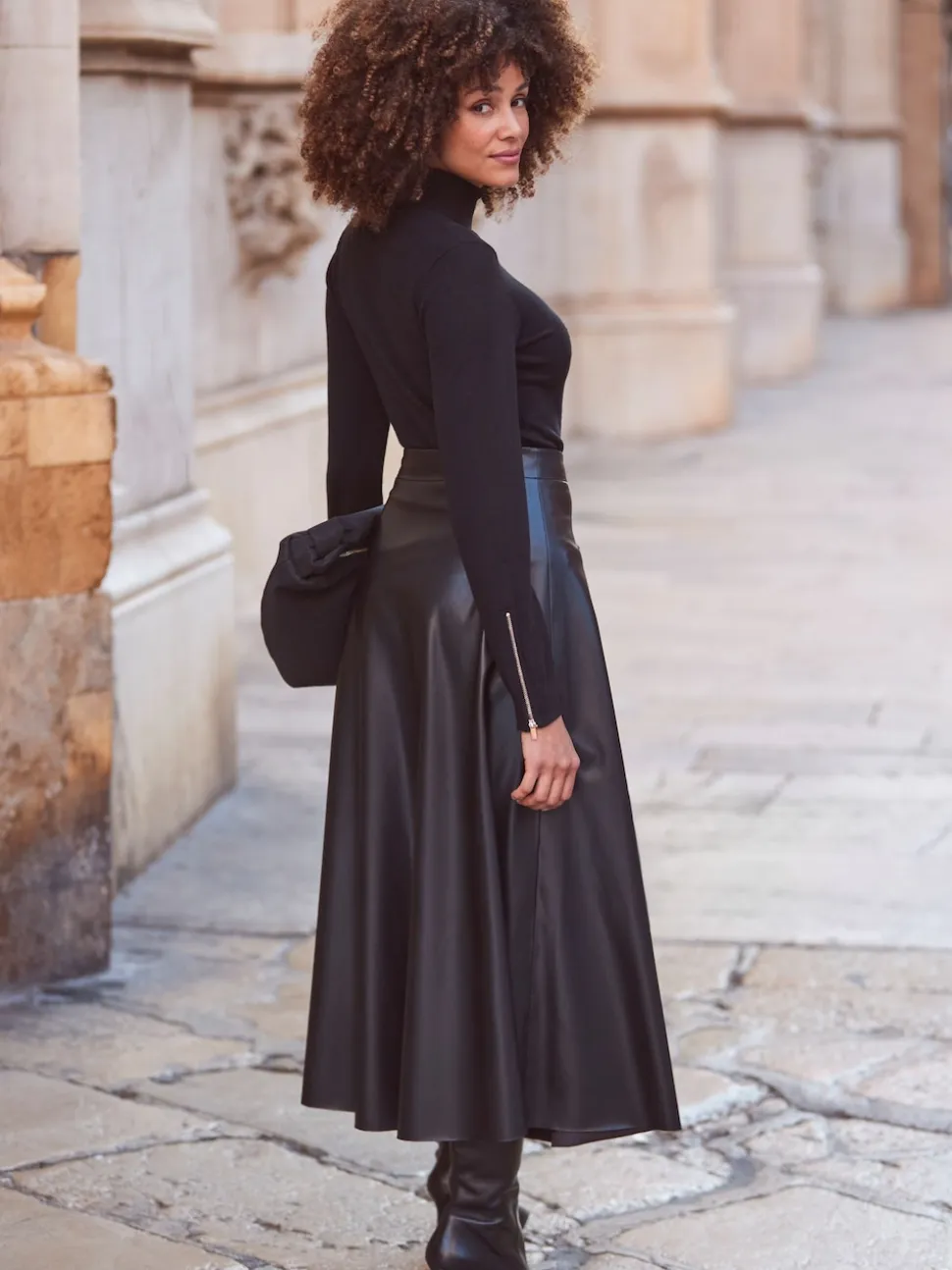 Noir - Jupe Sosandar Midaxi en similicuir