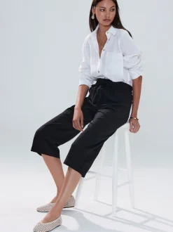 Noir - Jupes-culottes en lin mélangé à taille nouée
