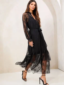 Noir - Lipsy Lace Volants Manches longues Mi-long Robe