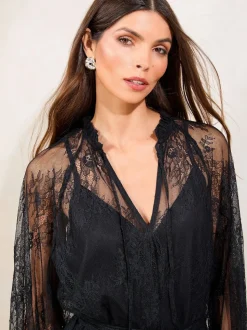 Noir - Lipsy Lace Volants Manches longues Mi-long Robe