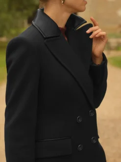 Noir - Love & Roses Manteau long à double boutonnage avec col en similicuir en PU