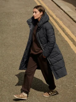 Noir - Manteau long matelassé à capuche résistant à la douche