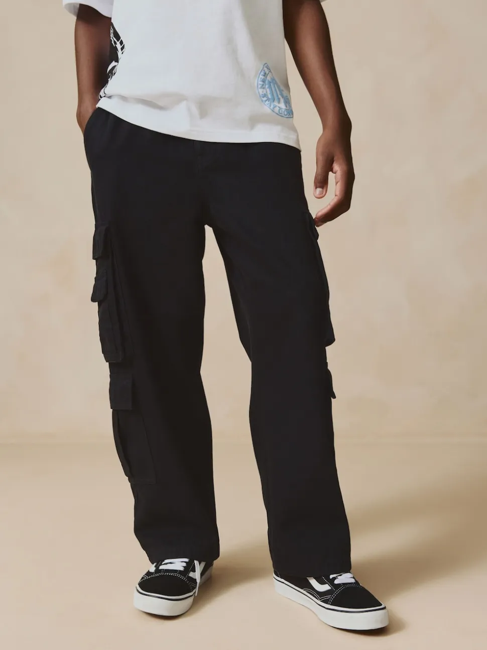 Noir - Pantalon cargo en coton tissé en sergé (3-16ans)