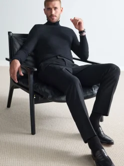 Noir - Pantalon Signature Smart en laine italienne texturée avec pattes d'ajustement sur les côtés