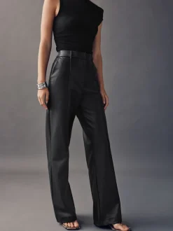 Noir - Pantalons coupe droite en faux cuir