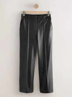 Noir - Pantalons coupe droite en faux cuir