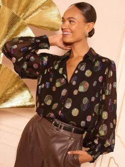 Noir à pois métallisés - Chemise Love & Roses imprimée à manches longues