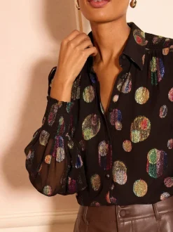 Noir à pois métallisés - Chemise Love & Roses imprimée à manches longues