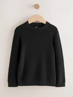 Noir - Pull en maille col rond en coton (3-16ans)