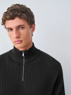 Noir - Pull N.premium en coton riche en coton haut de gamme texturé à col zippé