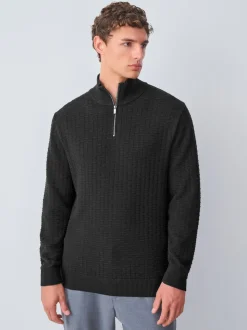 Noir - Pull N.premium en coton riche en coton haut de gamme texturé à col zippé