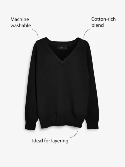 Noir. - Pull scolaire tricoté à col en V (3-16ans)