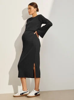 Noir - Robe de grossesse à manches longues et allaitement