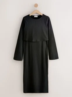 Noir - Robe de grossesse à manches longues et allaitement