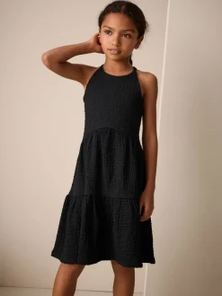 Noir - Robe d'été à bretelles Effet froissé (3-16ans)