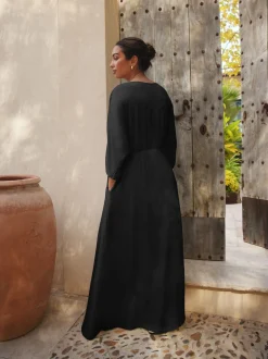Noir - Robe longue caftan en jersey