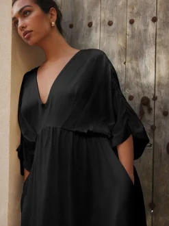 Noir - Robe longue caftan en jersey