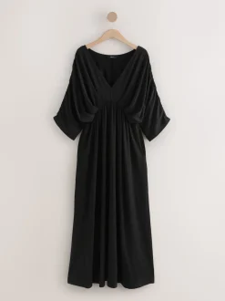 Noir - Robe longue caftan en jersey